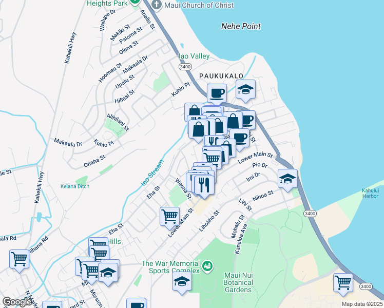map of restaurants, bars, coffee shops, grocery stores, and more near 347 Momi Place in Wailuku