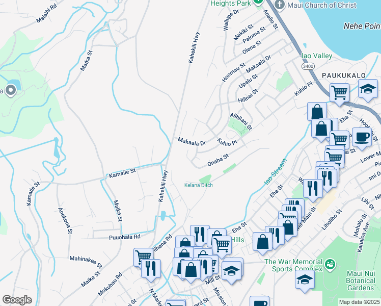 map of restaurants, bars, coffee shops, grocery stores, and more near 1196 West Onaha Place in Wailuku