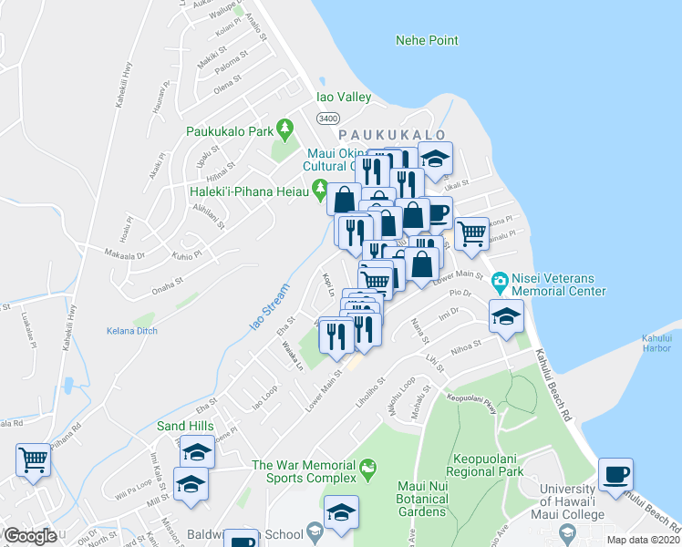 map of restaurants, bars, coffee shops, grocery stores, and more near 347 Momi Place in Wailuku