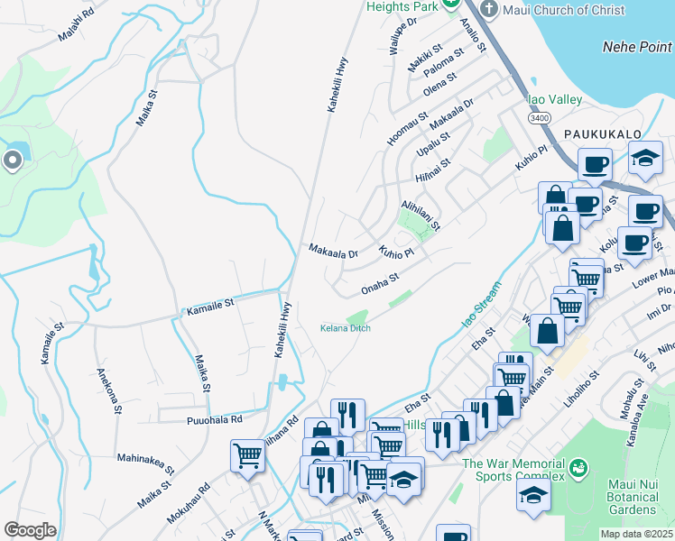 map of restaurants, bars, coffee shops, grocery stores, and more near 1029 Makamua Street in Wailuku