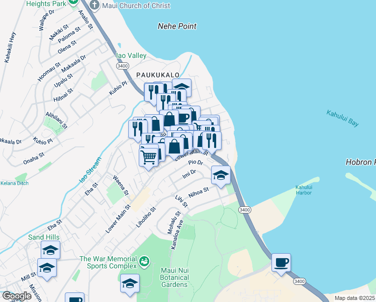 map of restaurants, bars, coffee shops, grocery stores, and more near 734 Lower Main Street in Wailuku