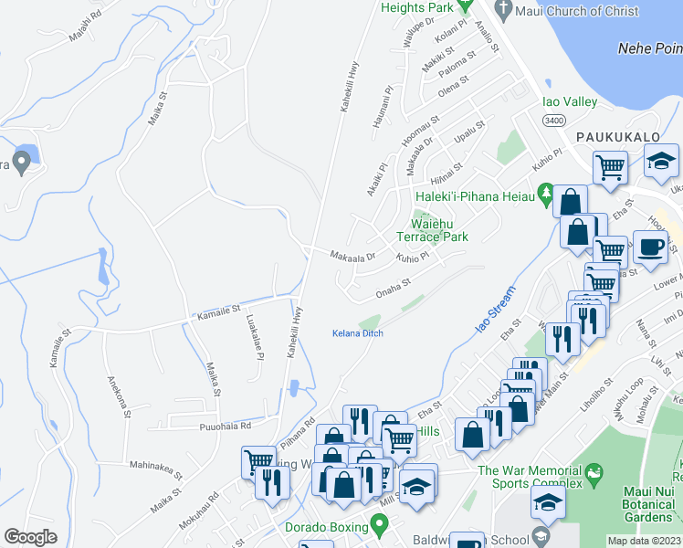 map of restaurants, bars, coffee shops, grocery stores, and more near 1190 West Onaha Place in Wailuku