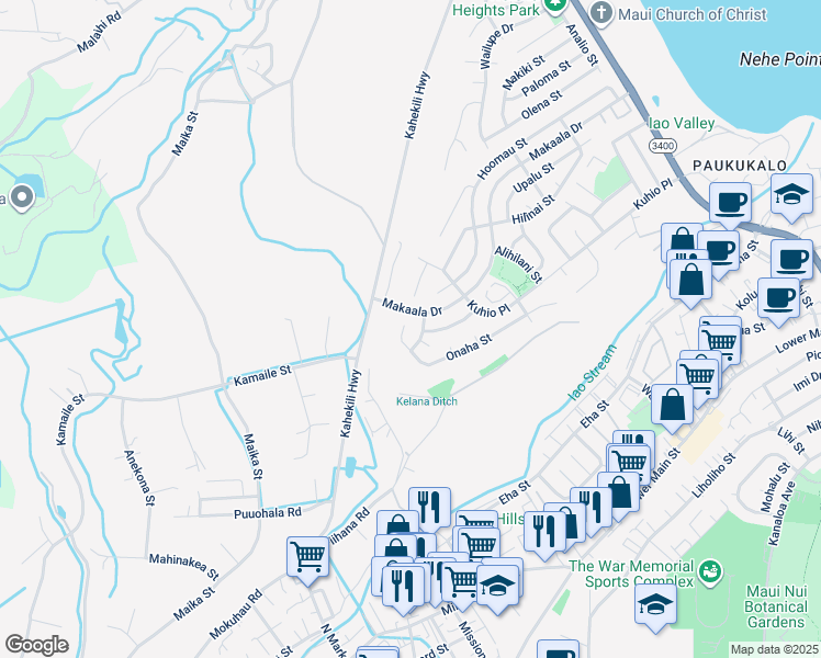 map of restaurants, bars, coffee shops, grocery stores, and more near 1196 West Onaha Place in Wailuku
