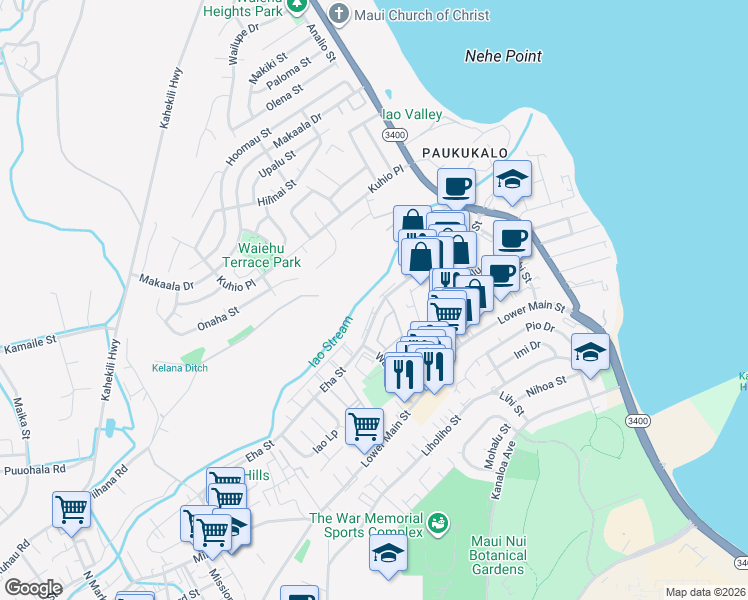 map of restaurants, bars, coffee shops, grocery stores, and more near 980 Eha Street in Wailuku