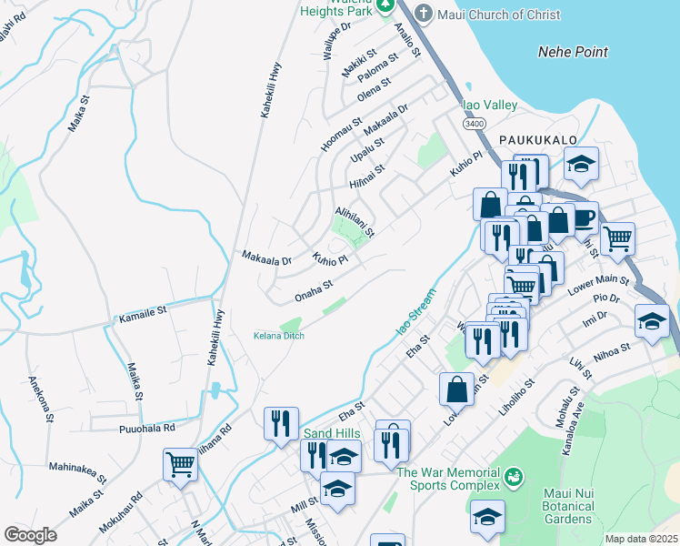 map of restaurants, bars, coffee shops, grocery stores, and more near 1010 Onaha Street in Wailuku
