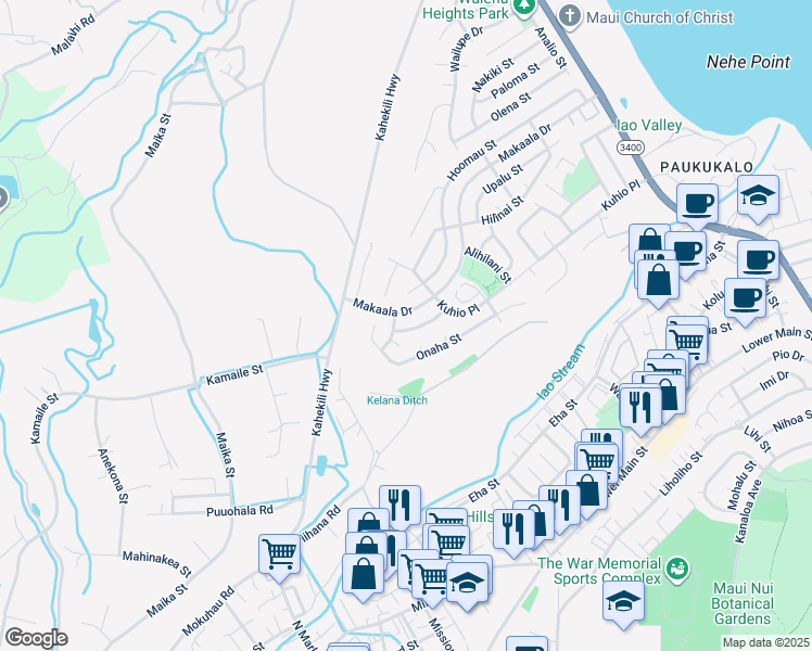 map of restaurants, bars, coffee shops, grocery stores, and more near 1148 Nakuluai Street in Wailuku