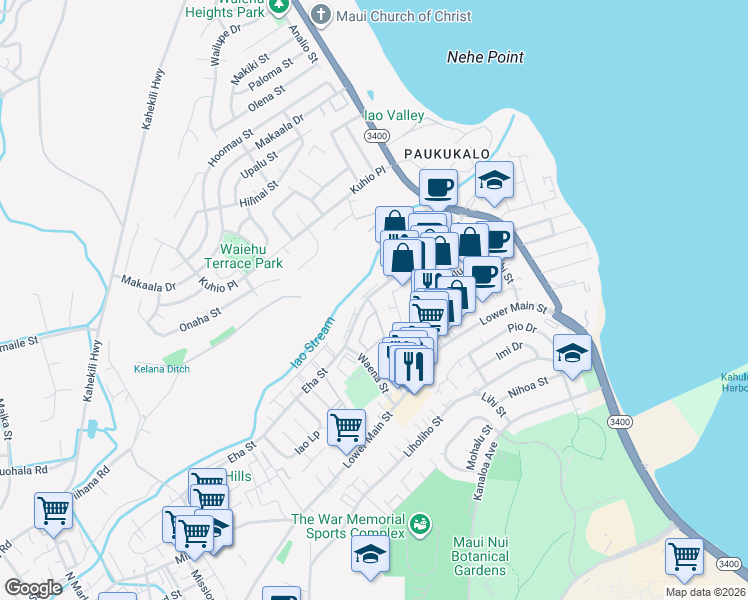 map of restaurants, bars, coffee shops, grocery stores, and more near 7 Kopi Lane in Wailuku