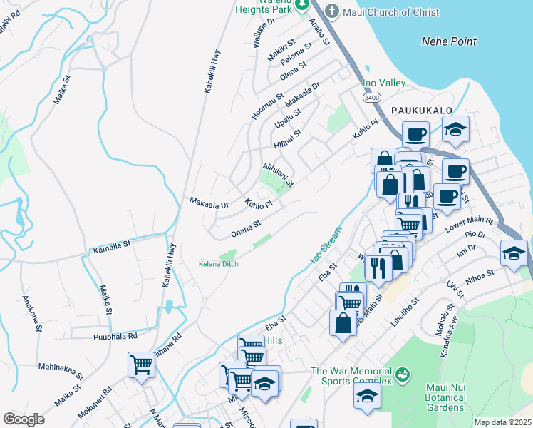 map of restaurants, bars, coffee shops, grocery stores, and more near 1010 Onaha Street in Wailuku