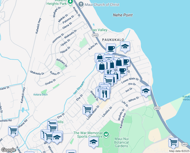 map of restaurants, bars, coffee shops, grocery stores, and more near 7 Kopi Lane in Wailuku