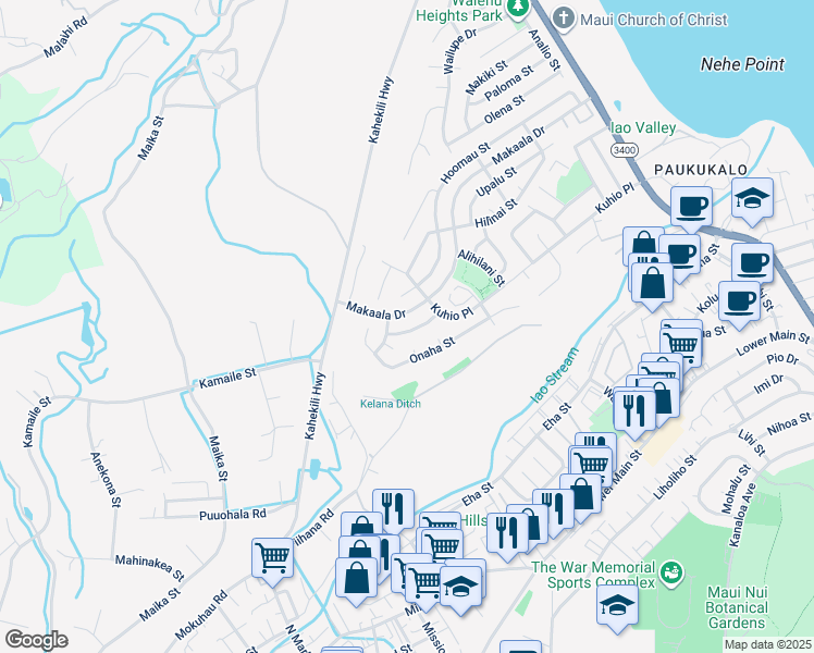 map of restaurants, bars, coffee shops, grocery stores, and more near 1137 Makaala Drive in Wailuku
