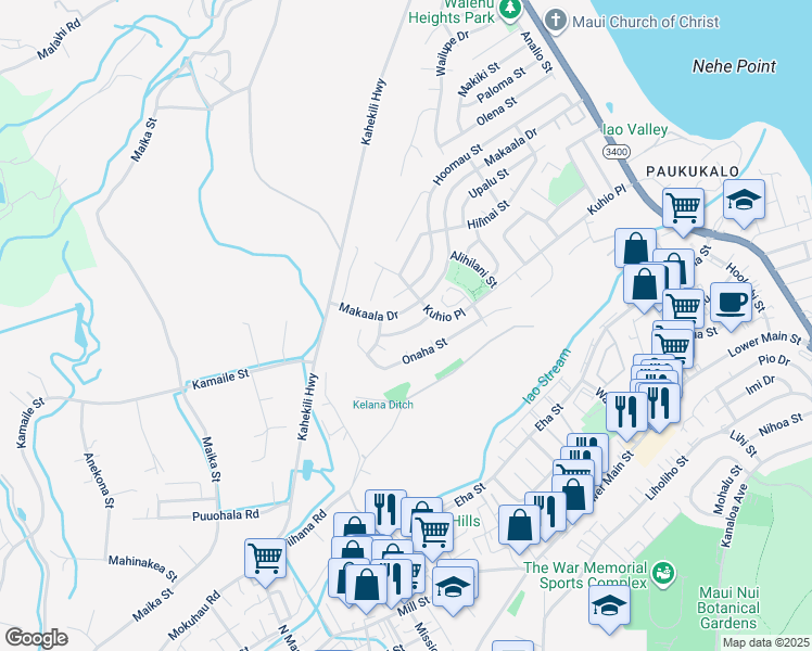 map of restaurants, bars, coffee shops, grocery stores, and more near 1130 Nakuluai Street in Wailuku