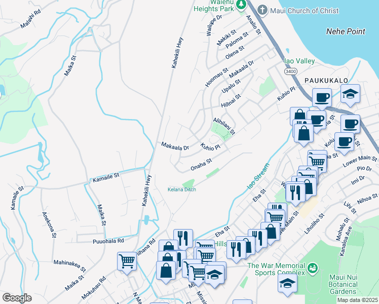 map of restaurants, bars, coffee shops, grocery stores, and more near 1137 Makaala Drive in Wailuku