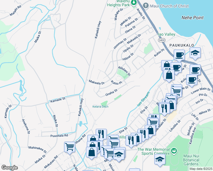 map of restaurants, bars, coffee shops, grocery stores, and more near 1130 Nakuluai Street in Wailuku