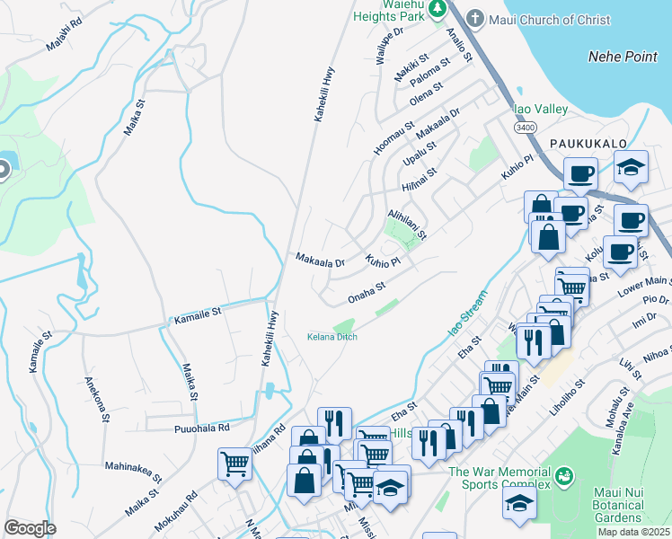 map of restaurants, bars, coffee shops, grocery stores, and more near 1044 Makamua Street in Wailuku