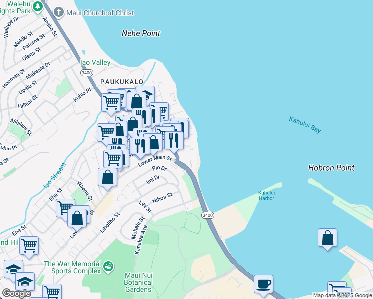 map of restaurants, bars, coffee shops, grocery stores, and more near 635 Eluene Place in Wailuku