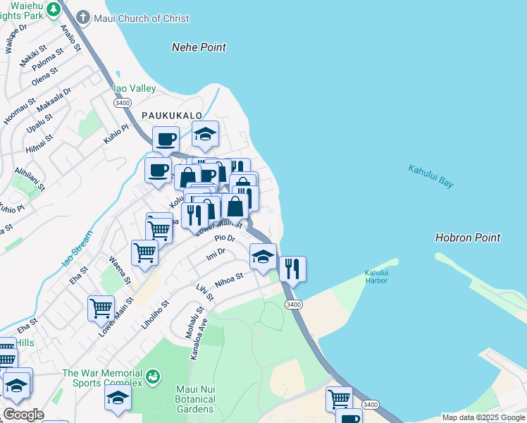 map of restaurants, bars, coffee shops, grocery stores, and more near 635 Eluene Place in Wailuku