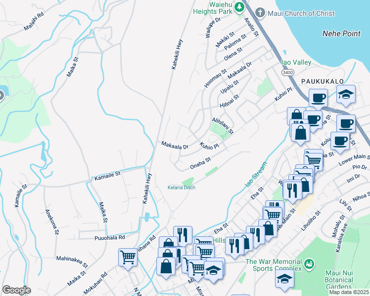 map of restaurants, bars, coffee shops, grocery stores, and more near 1137 Makaala Drive in Wailuku