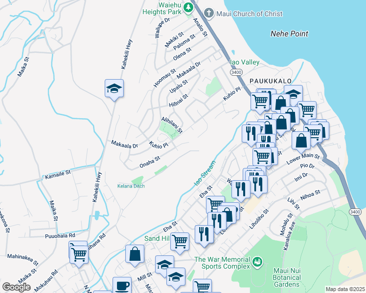 map of restaurants, bars, coffee shops, grocery stores, and more near 1151 Piihana Road in Wailuku
