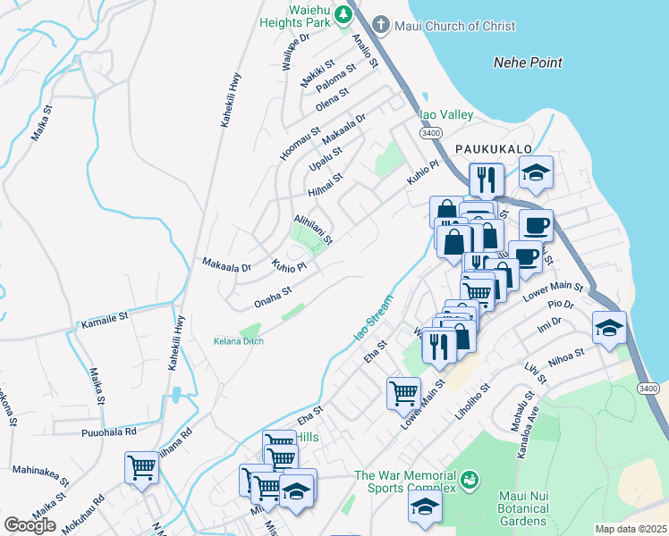 map of restaurants, bars, coffee shops, grocery stores, and more near 941 East Onaha Place in Wailuku