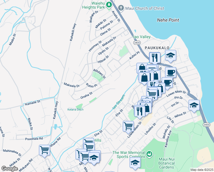 map of restaurants, bars, coffee shops, grocery stores, and more near 941 East Onaha Place in Wailuku
