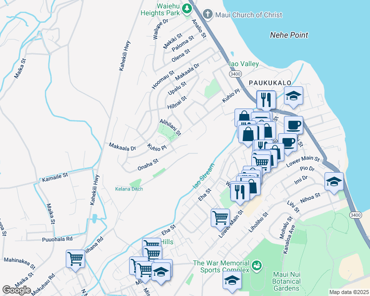 map of restaurants, bars, coffee shops, grocery stores, and more near 935 East Onaha Place in Wailuku