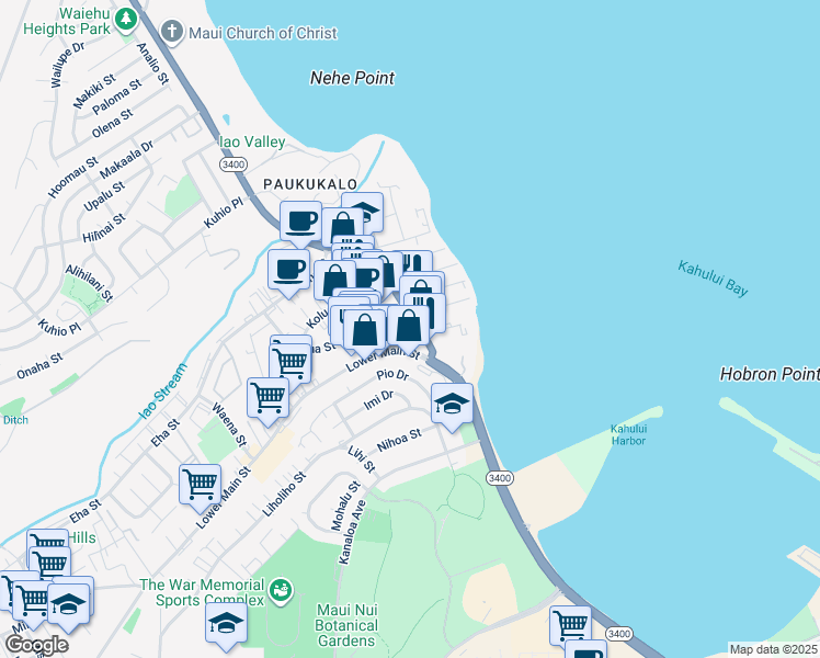 map of restaurants, bars, coffee shops, grocery stores, and more near 283 Waiehu Beach Road in Wailuku