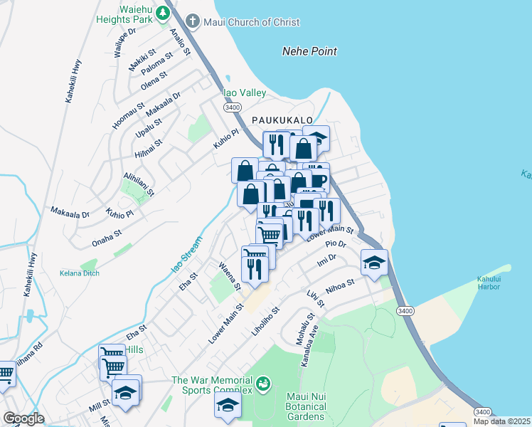 map of restaurants, bars, coffee shops, grocery stores, and more near 874 Alua Street in Wailuku