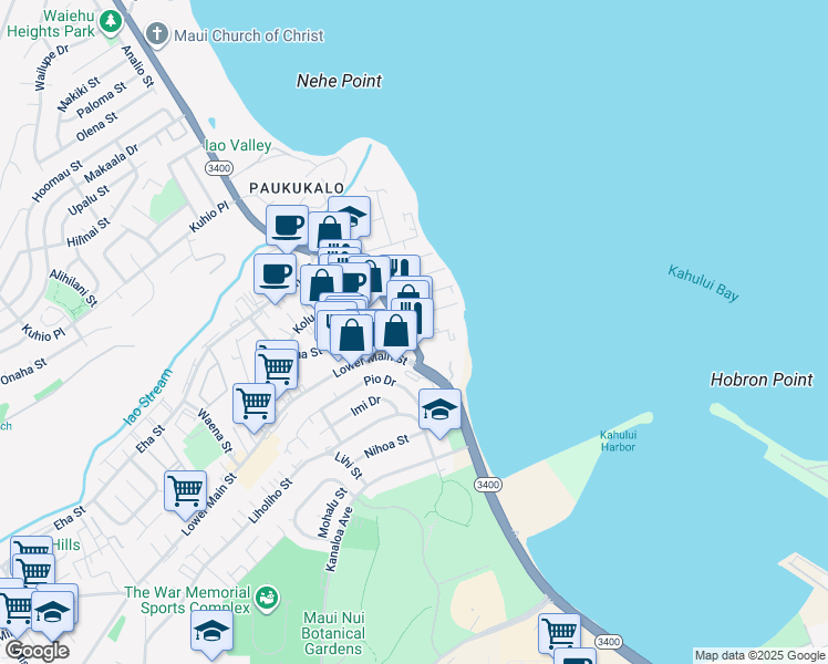 map of restaurants, bars, coffee shops, grocery stores, and more near 270 Waiehu Beach Road in Wailuku