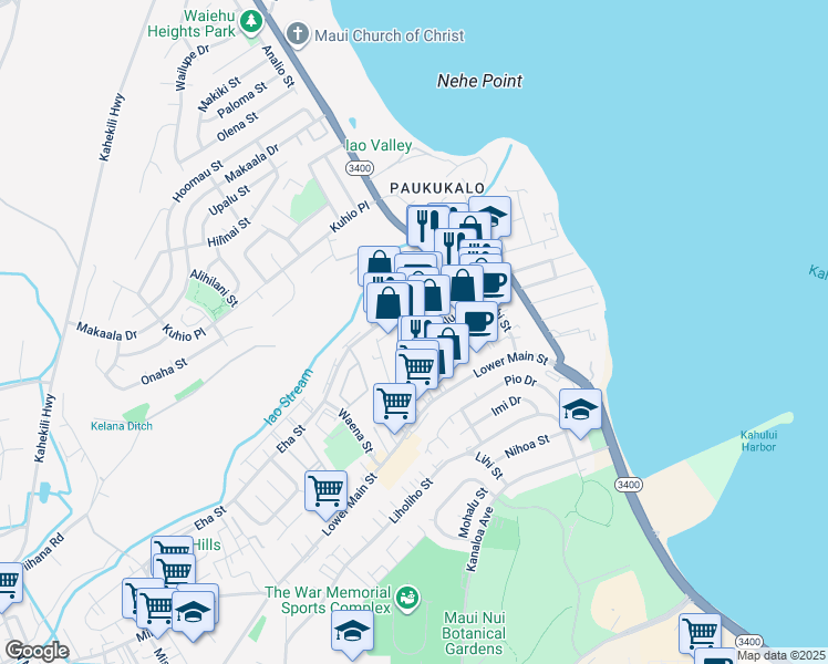 map of restaurants, bars, coffee shops, grocery stores, and more near 874 Alua Street in Wailuku