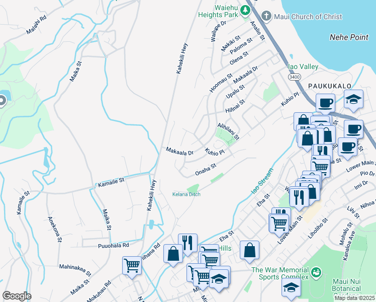 map of restaurants, bars, coffee shops, grocery stores, and more near 1152 Makaala Drive in Waihee-Waiehu