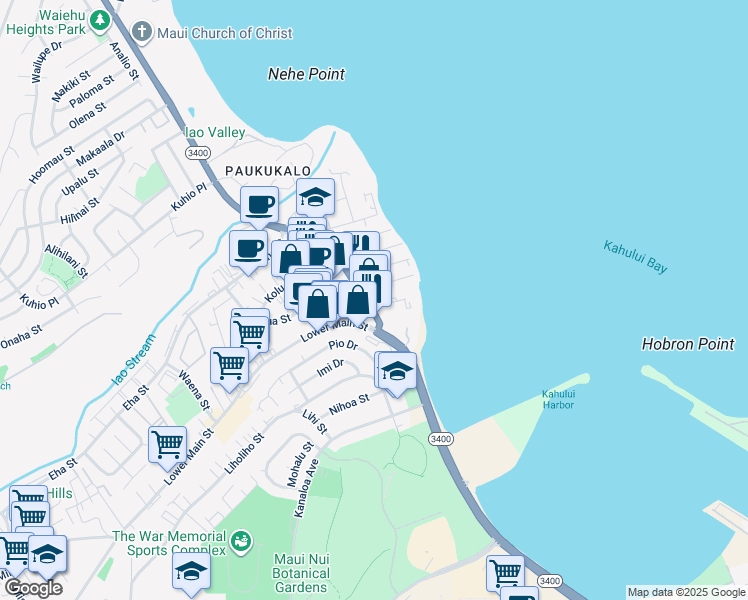 map of restaurants, bars, coffee shops, grocery stores, and more near 270 Waiehu Beach Road in Wailuku