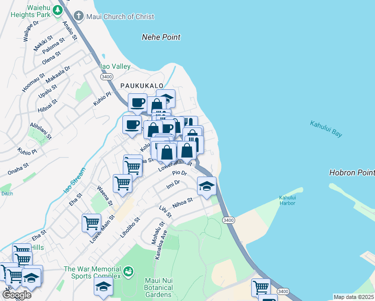 map of restaurants, bars, coffee shops, grocery stores, and more near 283 Waiehu Beach Rd in Wailuku