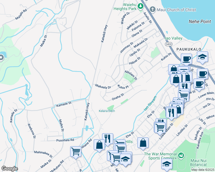 map of restaurants, bars, coffee shops, grocery stores, and more near 1152 Makaala Drive in Waihee-Waiehu