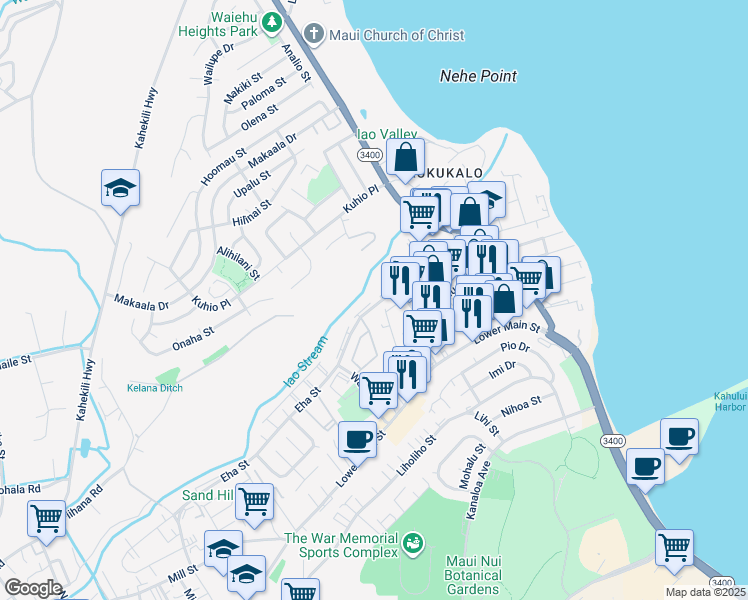 map of restaurants, bars, coffee shops, grocery stores, and more near 940 Eha Street in Wailuku