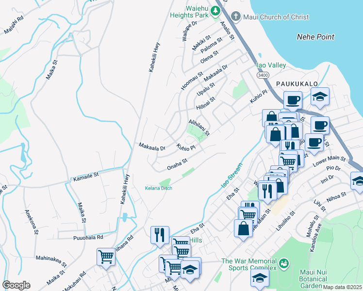 map of restaurants, bars, coffee shops, grocery stores, and more near 1036 Kuhio Place in Wailuku