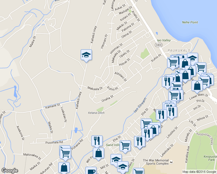 map of restaurants, bars, coffee shops, grocery stores, and more near 1042 Kuhio Place in Wailuku