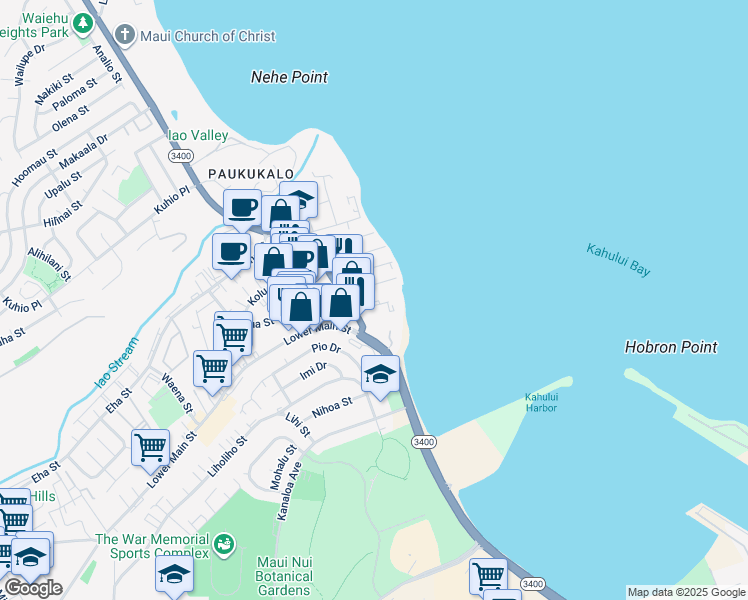 map of restaurants, bars, coffee shops, grocery stores, and more near 270 Waiehu Beach Road in Wailuku