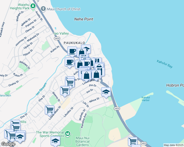 map of restaurants, bars, coffee shops, grocery stores, and more near 270 Hookahi Street in Wailuku
