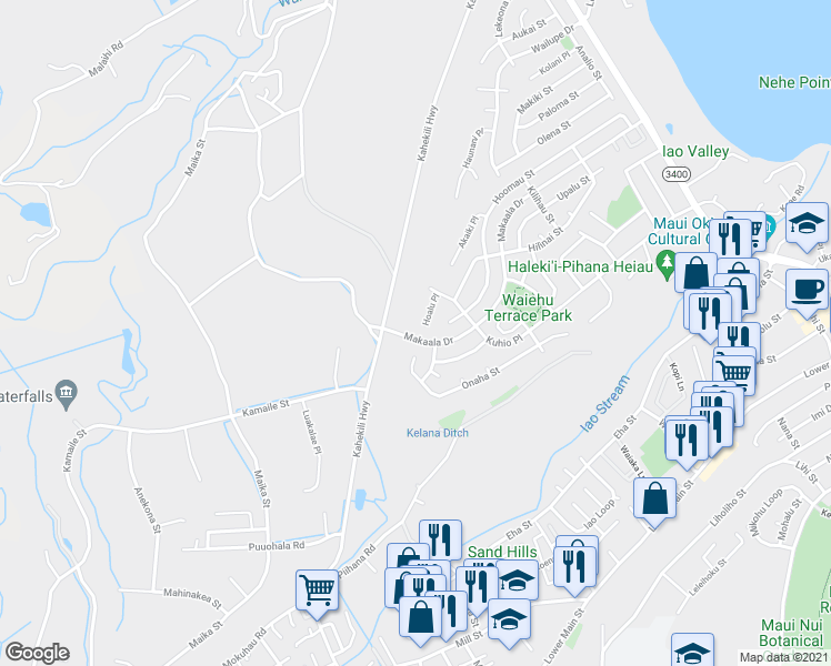 map of restaurants, bars, coffee shops, grocery stores, and more near 1152 Hoalu Place in Wailuku