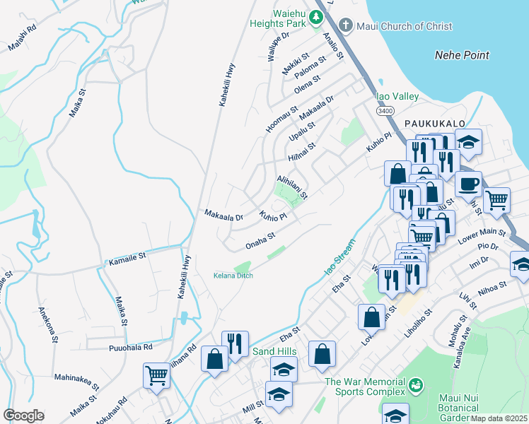 map of restaurants, bars, coffee shops, grocery stores, and more near 1036 Kuhio Place in Wailuku