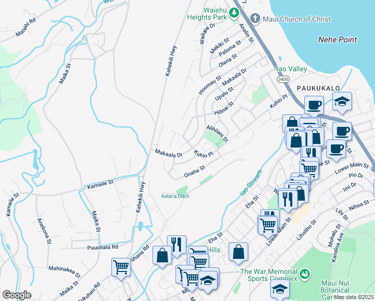 map of restaurants, bars, coffee shops, grocery stores, and more near 1112 Makalii Place in Kahului
