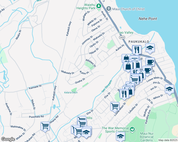 map of restaurants, bars, coffee shops, grocery stores, and more near 980 Kuhio Place in Wailuku
