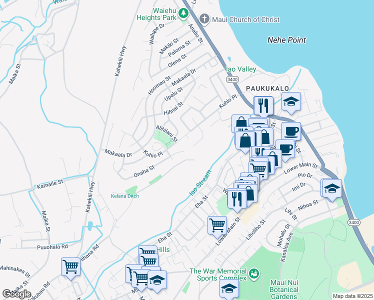 map of restaurants, bars, coffee shops, grocery stores, and more near 924 East Onaha Place in Waihee-Waiehu