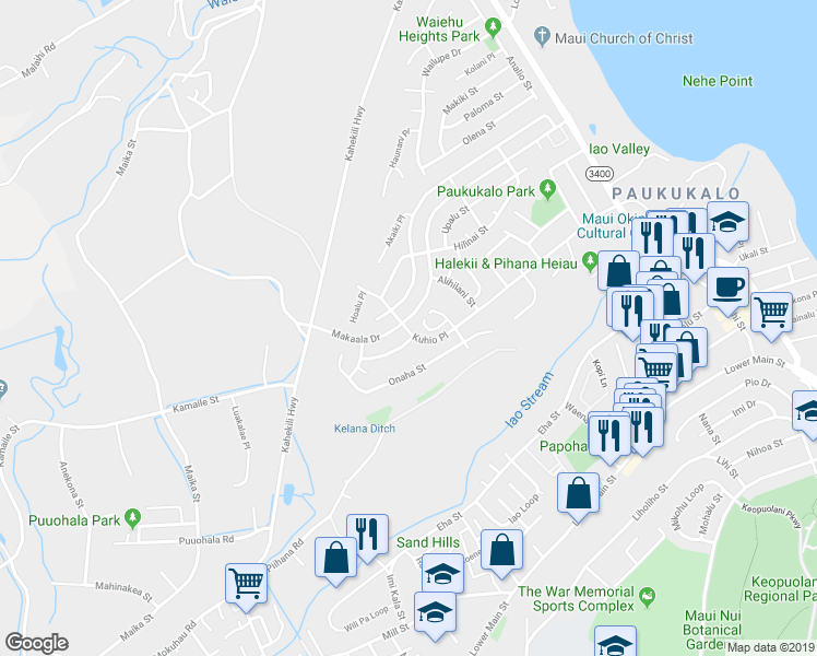 map of restaurants, bars, coffee shops, grocery stores, and more near 1097 Makaala Drive in Wailuku