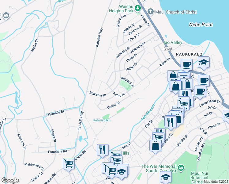 map of restaurants, bars, coffee shops, grocery stores, and more near 1042 Kuhio Place in Wailuku