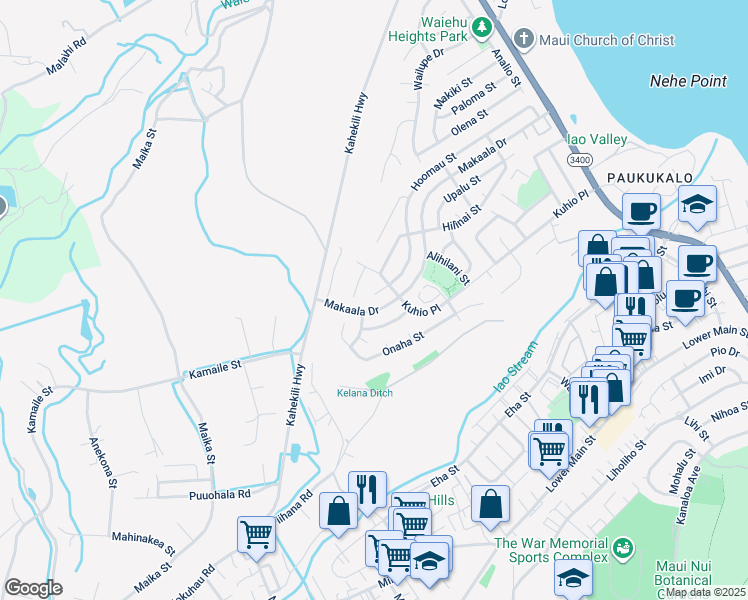 map of restaurants, bars, coffee shops, grocery stores, and more near 1125 Hoomau Place in Wailuku