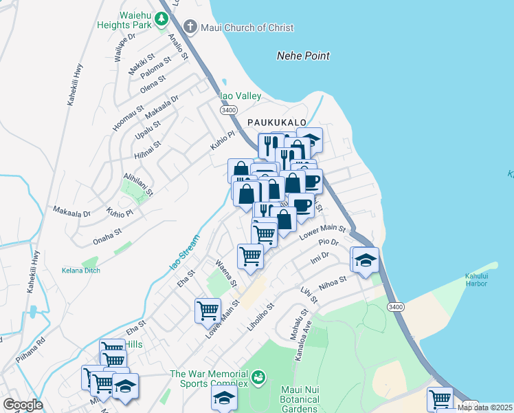 map of restaurants, bars, coffee shops, grocery stores, and more near 890 Alua Street in Wailuku