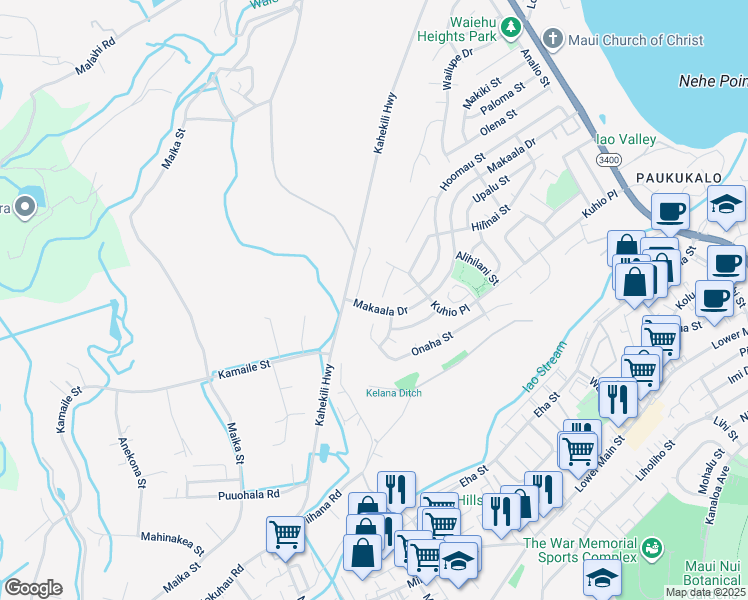 map of restaurants, bars, coffee shops, grocery stores, and more near 1152 Hoalu Place in Wailuku