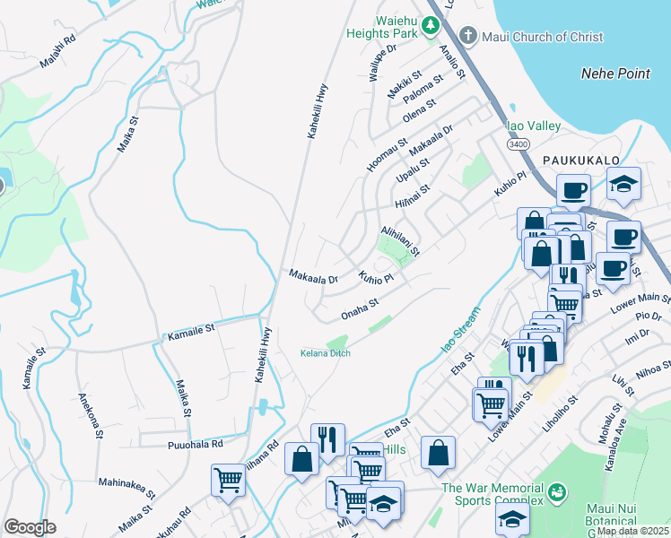 map of restaurants, bars, coffee shops, grocery stores, and more near 1125 Hoomau Place in Wailuku