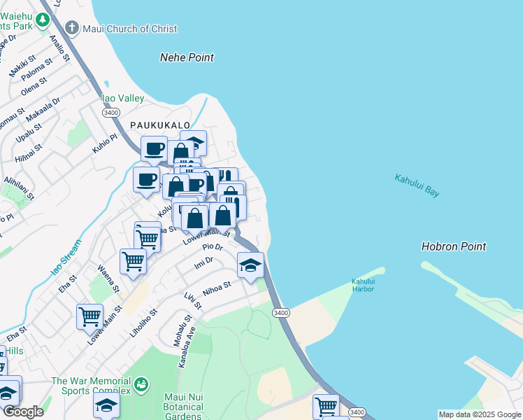 map of restaurants, bars, coffee shops, grocery stores, and more near 610 Eluene Place in Wailuku